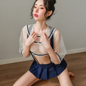 史黛絲-透視網紗吊帶短裙學生制服套裝(藍)