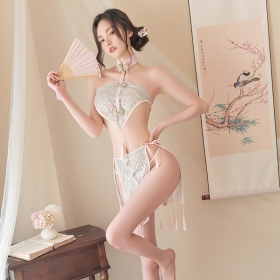 史黛絲-蕾絲肚兜復古分片裙旗袍套裝(灰綠+粉)