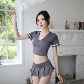 耶妮婭-圓領綁帶俏皮水手服套裝(灰)