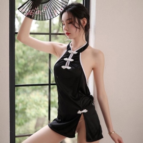 耶妮婭-復古風情旗袍連身短裙制服(黑）